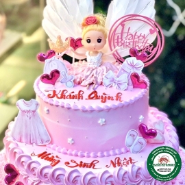 BÁNH SINH NHẬT HAI TẦNG ĐẸP CHO BÉ GÁI  BÚP BÊ MÀU HỒNG CUTE DỄ THƯƠNG